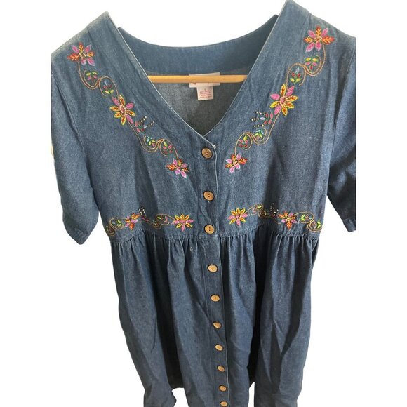 Go Softly Patio Blue Denim Half Sleeve Button Down Embroidered Dress SZ Small - Picture 4 of 7